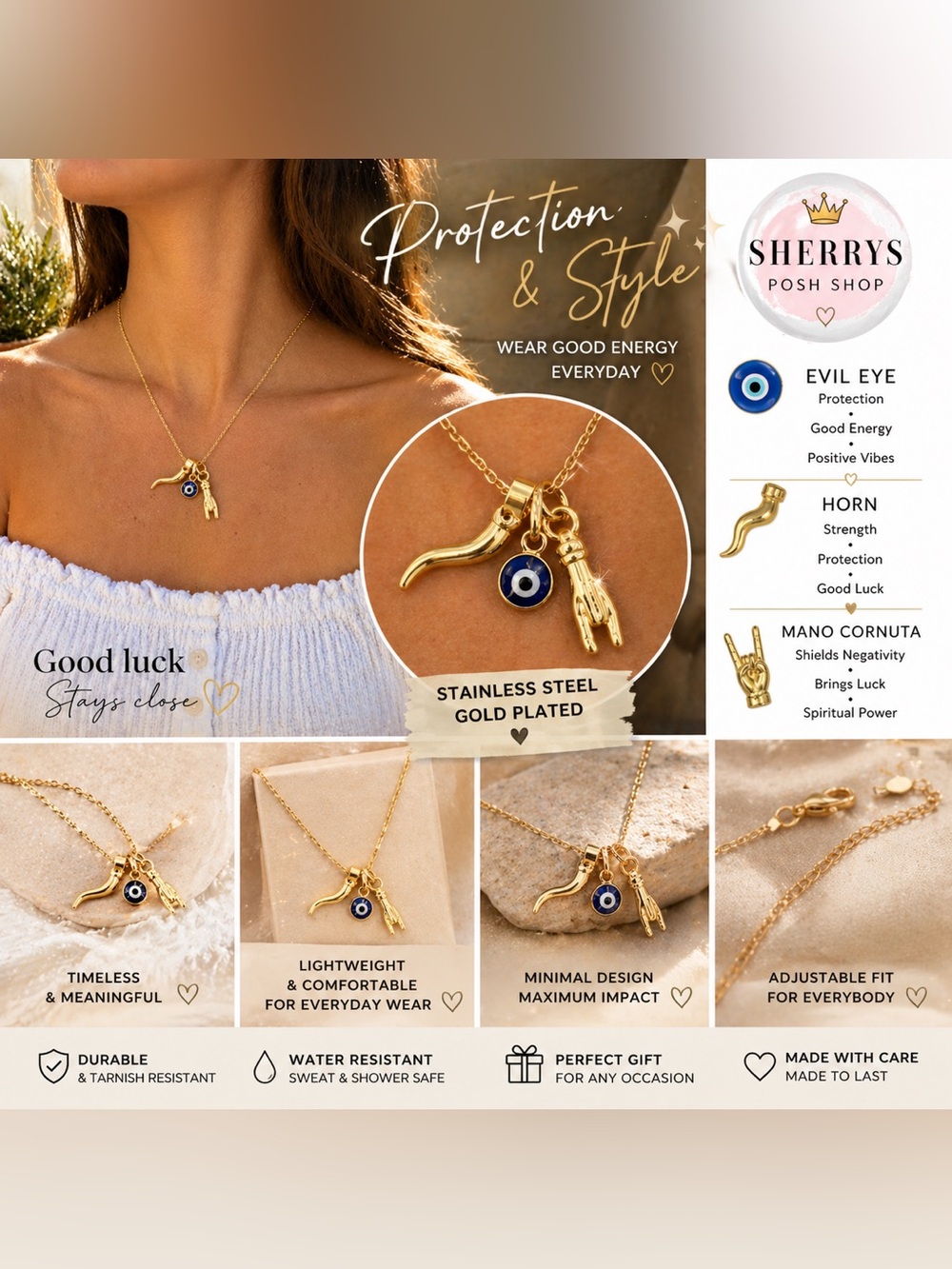 Gold Charm Necklace Evil Eye Horn Mano Cornuta Stainless Steel Gold Plated